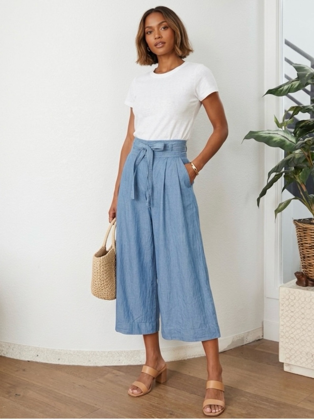 Bespoke Jealous Tomato High-Waist Wide-Leg Cropped Belted Chambray Pants S/M